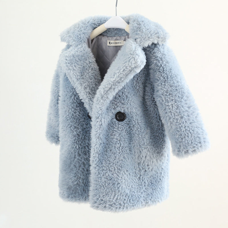 Kids Fur Coat in soft blue faux fur, stylish and warm autumn and winter coat for boys and girls.