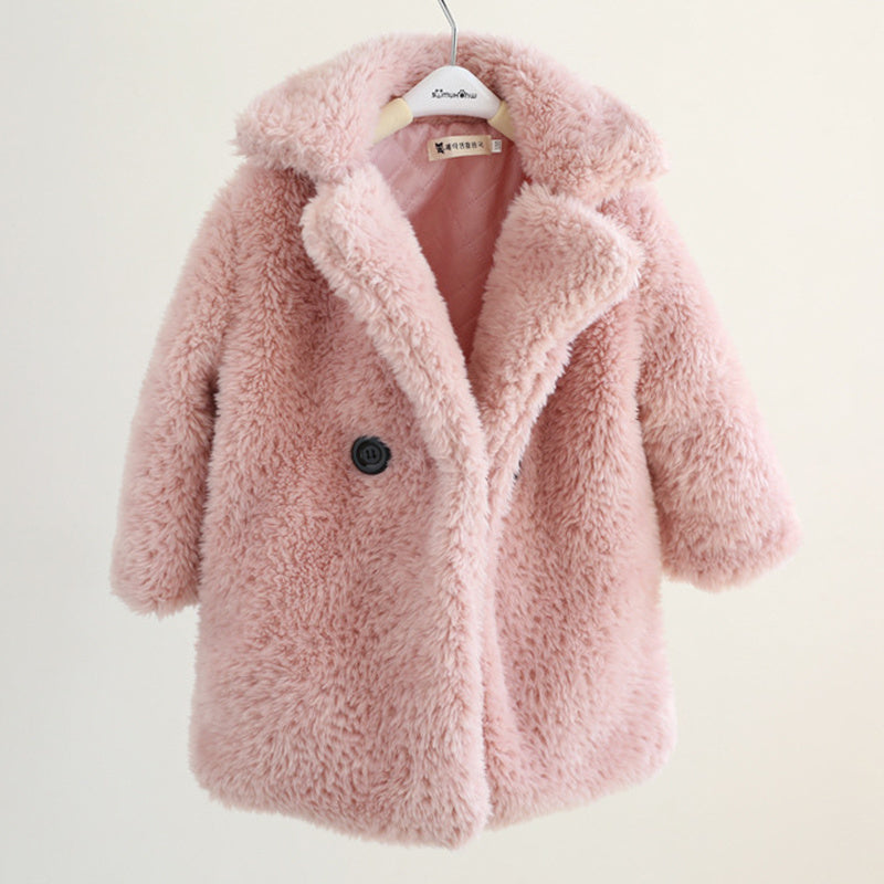 Kids Fur Coat in soft pink faux fur, perfect for keeping kids warm during autumn and winter.