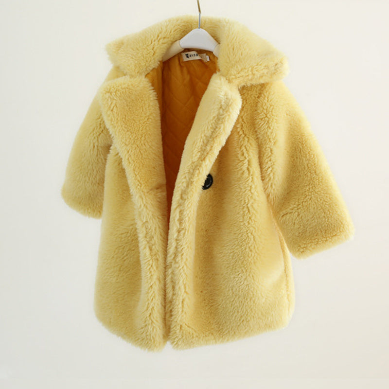 Kids Fur Coat in soft yellow faux fur, perfect for boys and girls to stay warm in autumn and winter.