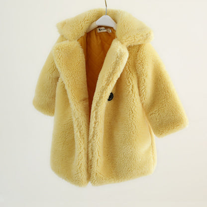 Kids Fur Coat in soft yellow faux fur, perfect for boys and girls to stay warm in autumn and winter.
